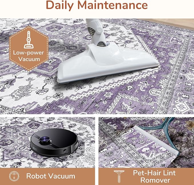OPPODREAM Thin Area Rugs 3x5, Washable Rugs with Non Slip Backing, Low-Pile Throw 3x5 Carpet, Faux Cashmere 3 x 5 Carpet, Purple