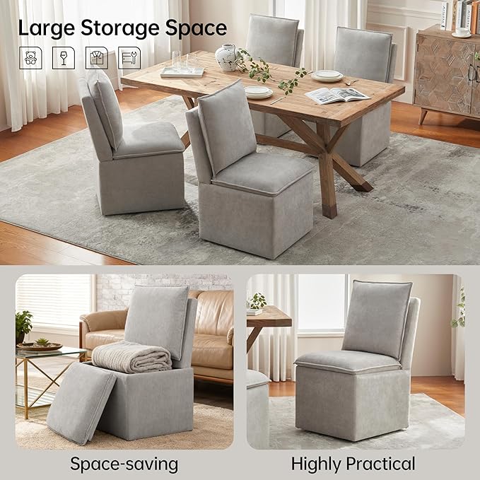 VKNOW Upholstered Dining Chairs Set of 4, Modern Rolling Chairs with Storage and Wheels, Linen Armless Chair with Cushion and Backrest, Dining Room Chairs for Living Room Kitchen Bedroom, Light Grey
