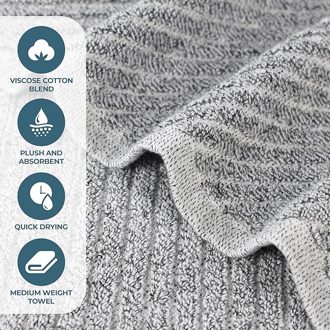 Superior Amelia Viscose Cotton Blend Medium Weight Bath Sheets, for Bathroom, Shower, Spa, Plush, Quick Dry, Ultra-Soft Towels, Essentials, Ribbed Design, Oversized Towels, Set of 2, Charcoal