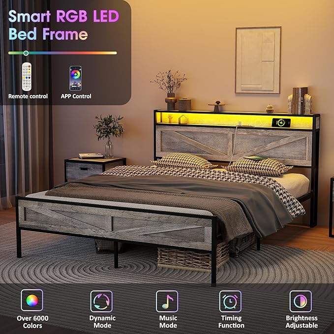 Vabches Queen Size Bed Frame with Headboard and Charging Station, Wash Grey Platform Bed Frame with Led Light, No Box Spring Needed, Noise Free Farmhouse Bedroom Set