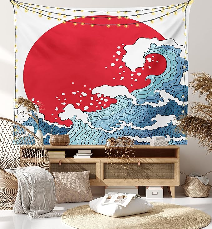 Ambesonne Japanese Wave Tapestry King Size, Big Red Sun Setting Scenery Tropical Nautical Tsunami Swirls, Wall Hanging Bedspread Bed Cover Wall Decor, King Size, Red Blue White