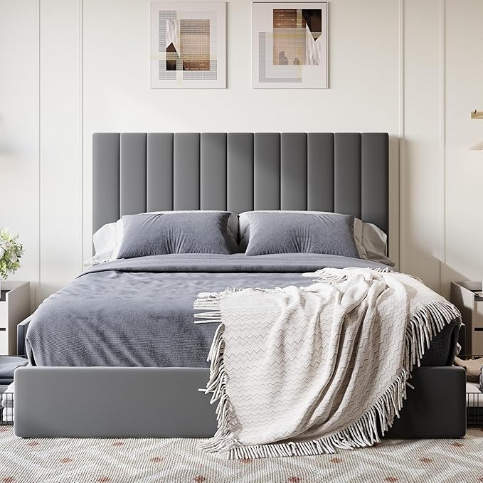 SHA CERLIN Queen Size Platform Bed Frame with 4 Storage Drawers, Vertical Channel Tufted Adjustable Headboard, Velvet Upholstered, Wooden Slats Support, No Box Spring Needed, Easy Assembly, Grey