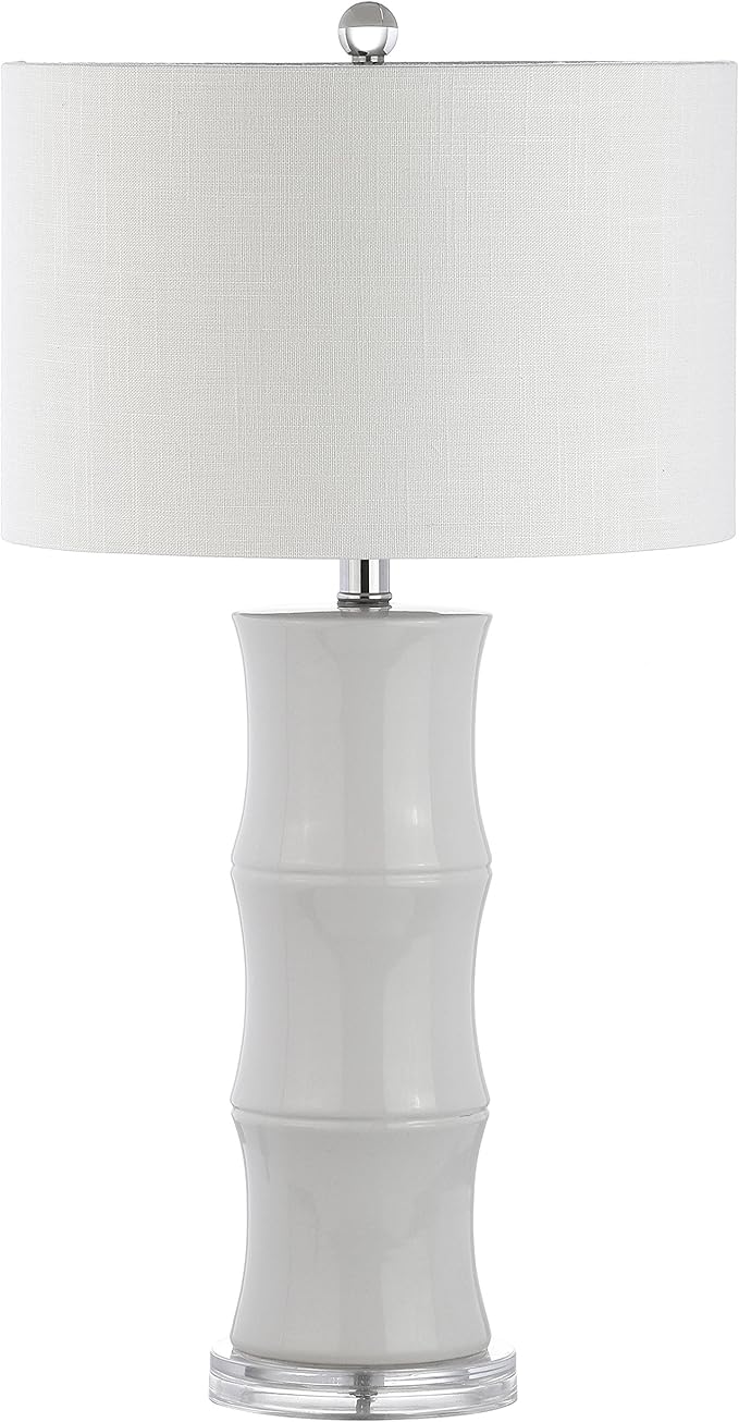 JONATHAN Y 26.5" White Ceramic Table Lamp for Living Room, Bedroom Nightstand, White Linen Drum Shade, Bamboo Design Modern Bedside Desk Lamp with LED Bulb Included (JYL3015C)