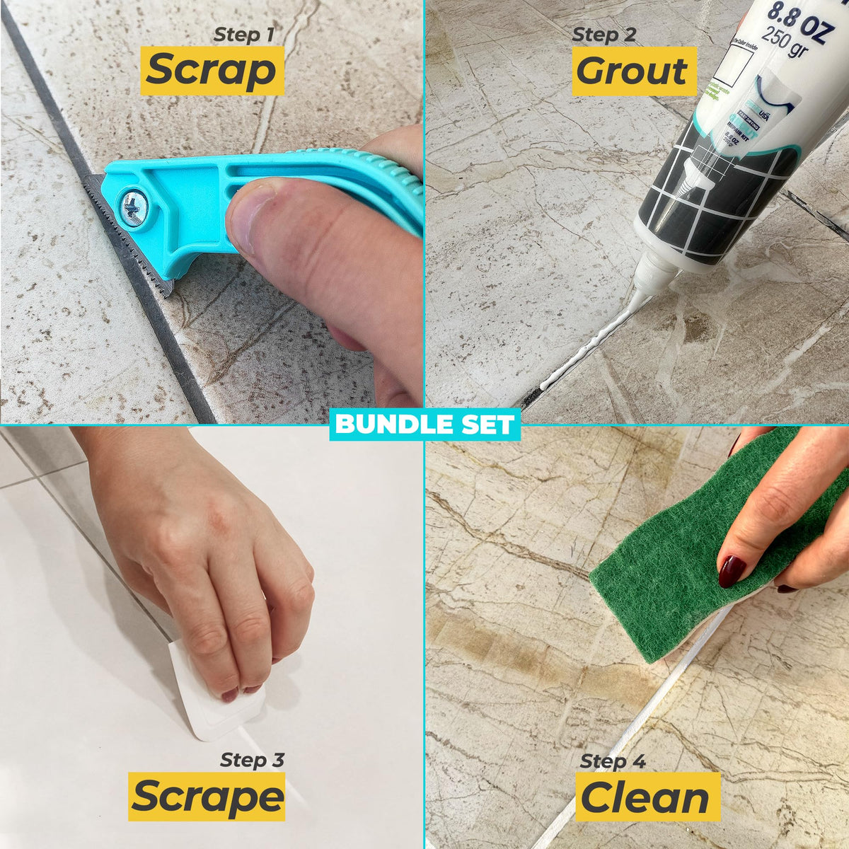 PentaUSA Tile Grout Repair Kit with Removal Tool - Premixed Acrylic Sanded Grout Filler for Bathroom, Shower, and Kitchen, Includes Applicator Spatula, and Sponge - White (8.8oz / 250g)