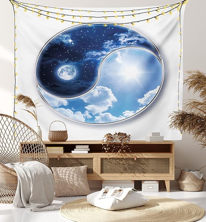 Ambesonne Space Tapestry, Yin Yang World Moon and Sun Harmony of the Universe Art Print, Fabric Wall Hanging Decor for Bedroom Living Room Dorm, 28" X 23", Navy Blue Sky Blue White