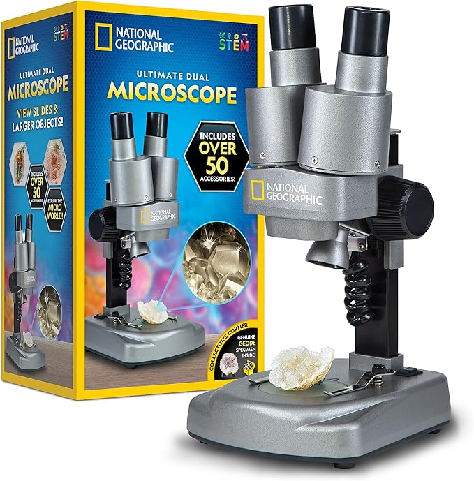National Geographic Dual LED Kids Microscope - 50+ pc Science Kit with 10 Prepared Slides & 10 DIY Blank Slides, Biology Experiment Activity, Microscope Kit for Kids 8-12 (Amazon Exclusive)