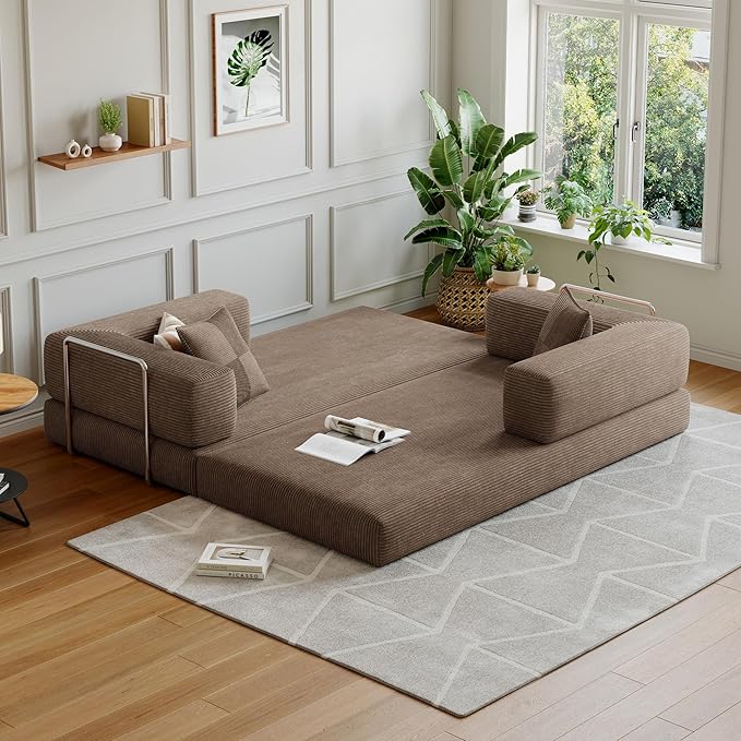 78.8''Convertible Sleeper Sofa Bed,Compressed Floor Boneless Couch,Modular Modern Corduroy Sofa for Living Room Bedroom -with Fixed-Shape Frame and Support Armrest,Easy Assembly(Brown)