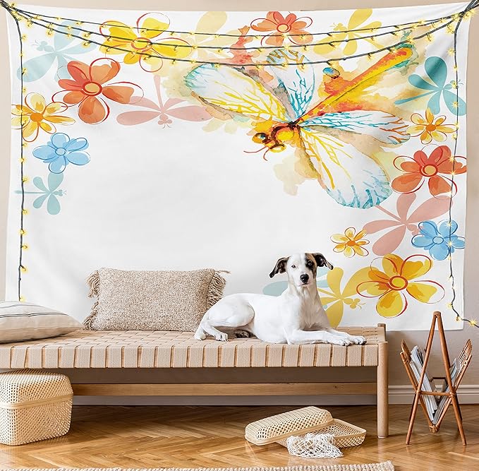 Ambesonne Dragonfly Tapestry Twin Size, Abstract Grunge Vintage Design Moth Spring Flowers Floral Frame Art Print, Wall Hanging Bedspread Bed Cover Wall Decor, 68" X 88", Yellow Orange