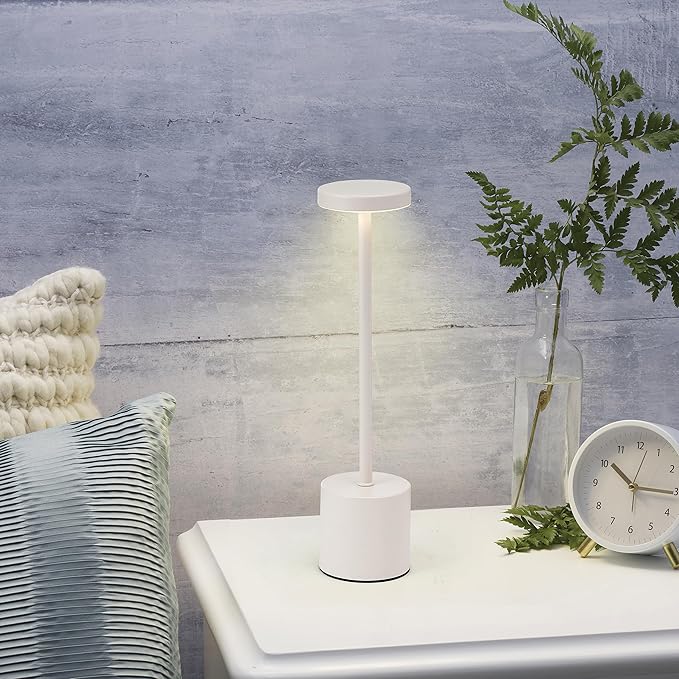 Mikasa LED Cordless Metal Table Lamp, Portable Rechargeable 5,000 mAh, 3 Color Stepless Dimming, White, 3.15x3.15x13.5 Inch