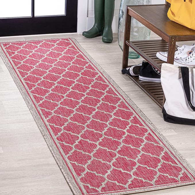 Eyely BMS109H-210 Santa Monica Trebol Moroccan Trellis Textured Weave Indoor/Outdoor Runner Rug Coastal;Bohemian, Bedroom, Backyard, Patio, Easy-Cleaning, Non-Shedding, 2 X 10, Fuchsia/Light Gray