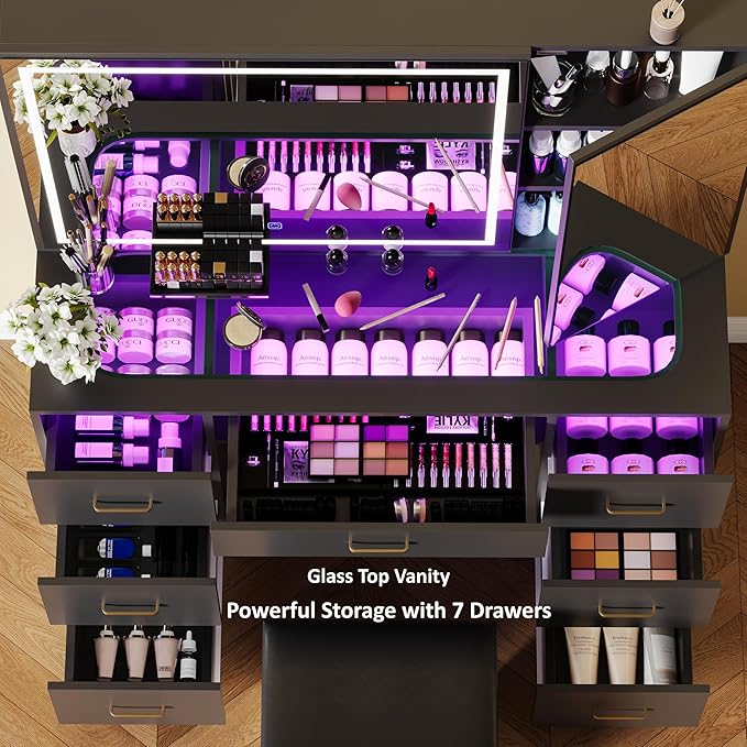 Glass Top Makeup Vanity Desk with Large Mirror and LED Lights,Vanity Stool&Storage Bench,Black Vanity with Hidden Storage Mirror Cabinet&7 Drawers,Makeup Organizer Countertop for Room