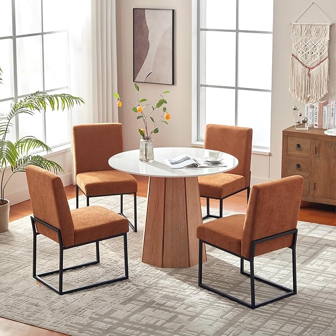 VKNOW Upholstered Dining Chairs Set of 2, Modern Dining Room Chairs, Linen Kitchen Chair Dinner Chair with Black Metal Base for Kitchen Office, Orange-Unstriped