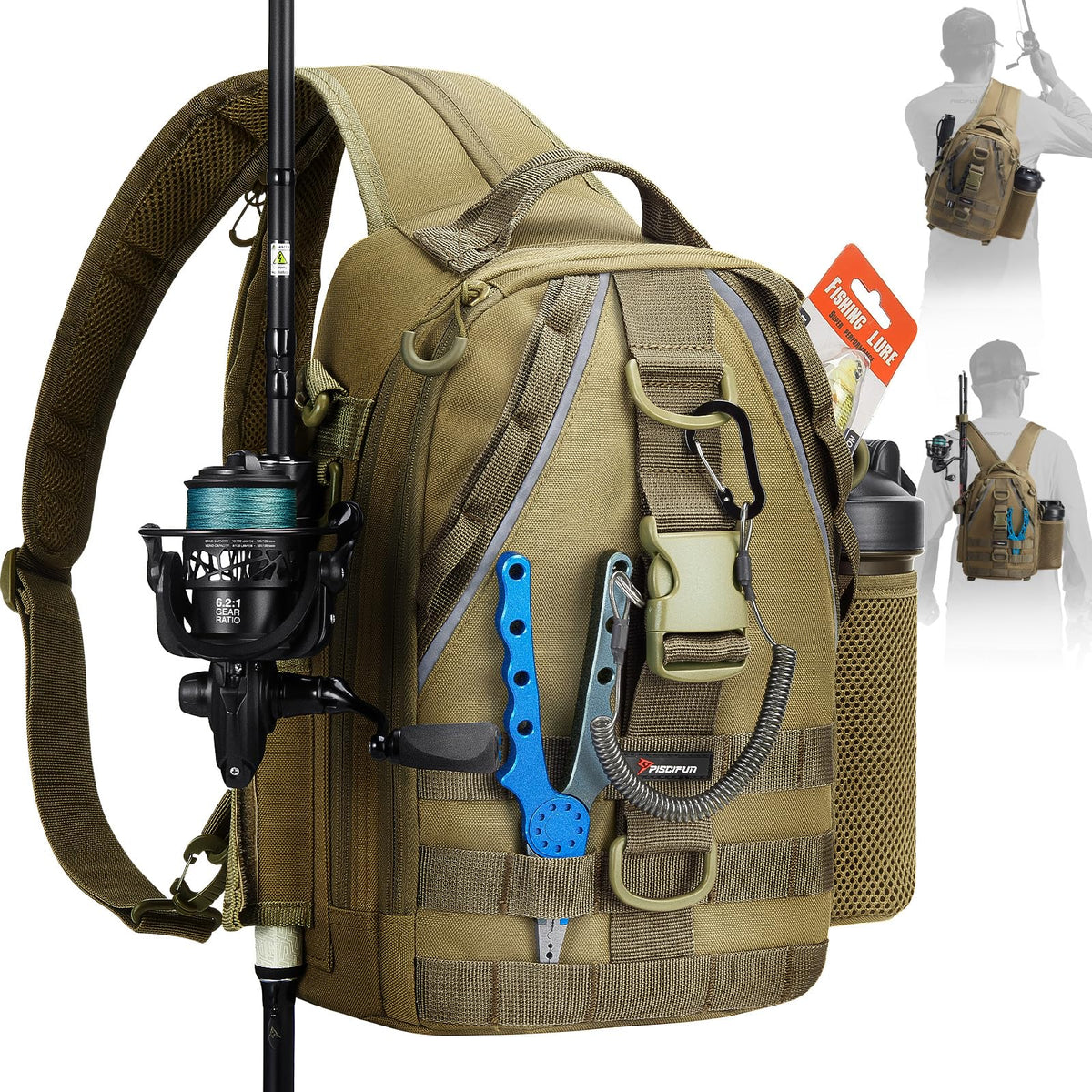 Piscifun Fishing Backpack with Rod Holder, Lightweight Sling Bag Storge Gear and Equipment, Khaki, Latch, Standard