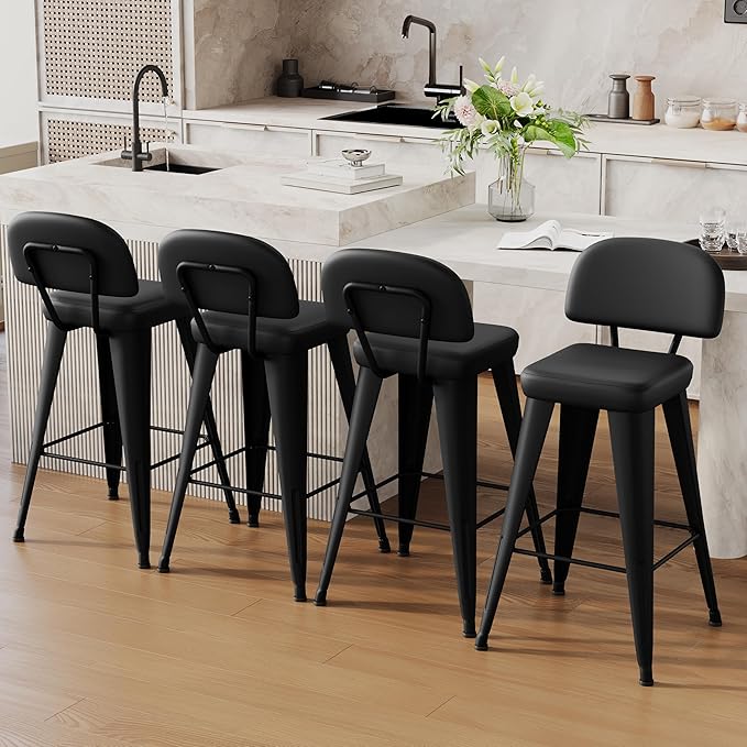 Aklaus PU Leather Metal Bar Stools 24 inch Faux Leather Counter Height Barstools Set of 4 Modern Farmhouse Bar Chairs with High Backs and Faux Leather Seat for Kitchen Island Dining Room Matte Black