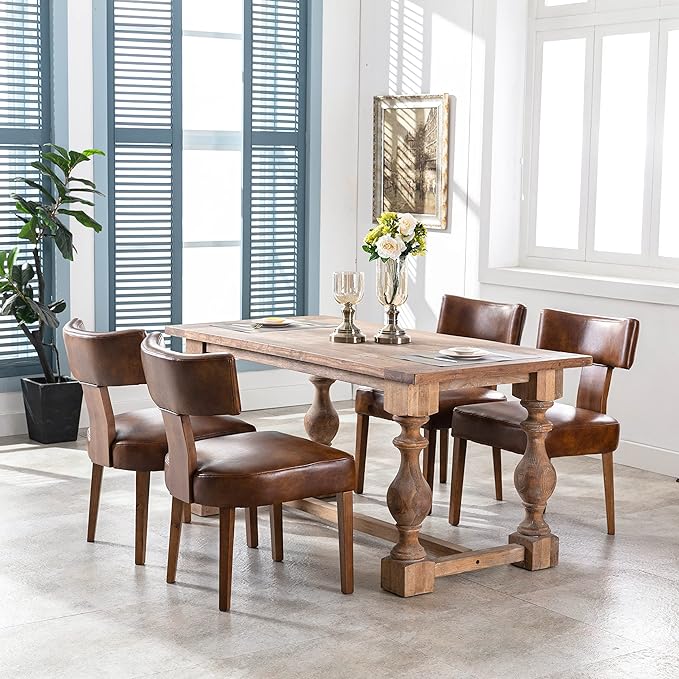 Mid Century Modern Dining Chairs Set of 6 PU Leather Upholstered Side Chairs, Modern Kitchen Armless Parson Chairs Solid Wood Dining Chairs, Brown