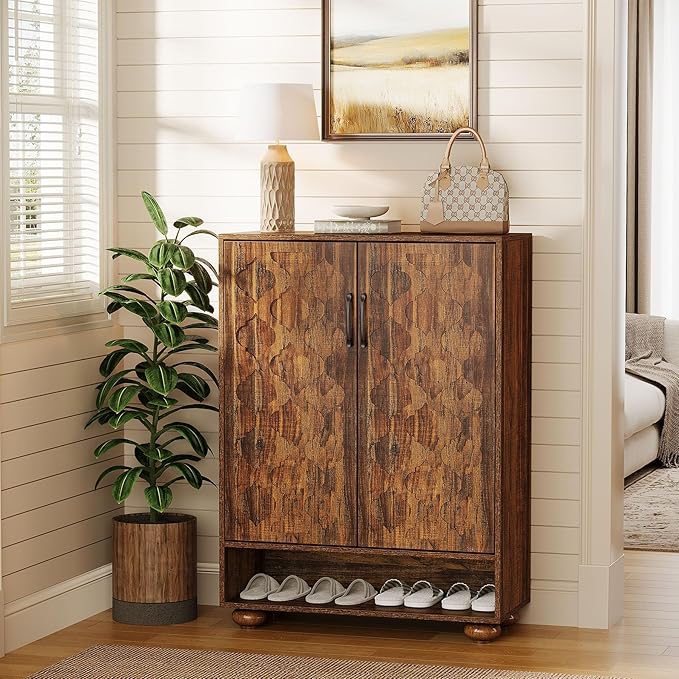Tribesigns Shoe Cabinet with Doors, 6-Tier Shoe Rack with Solid Wood Feet and Adjustable Shelves, 43.3" Tall Storage Cabinet for Entryway, Hallway, Bedroom (Walnut)