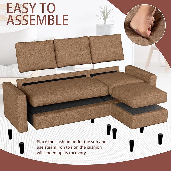JAMFLY Sectional Sofa Couch Convertible L Shaped Sofas with Ottoman Small Sectional Couches for Living Room, 3 Seater Couch for Small Spaces, Brown