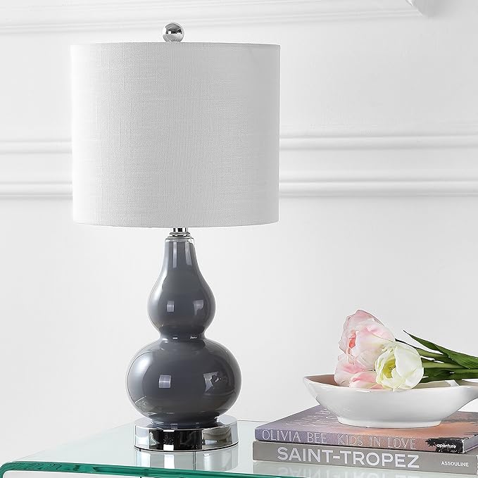 JONATHAN Y 20.5" Gray Glass Table Lamp, Modern Gourd Bedside Nightstand Lamp for Bedroom, Living Room, White Linen Shade, LED Bulb Included JYL1028A