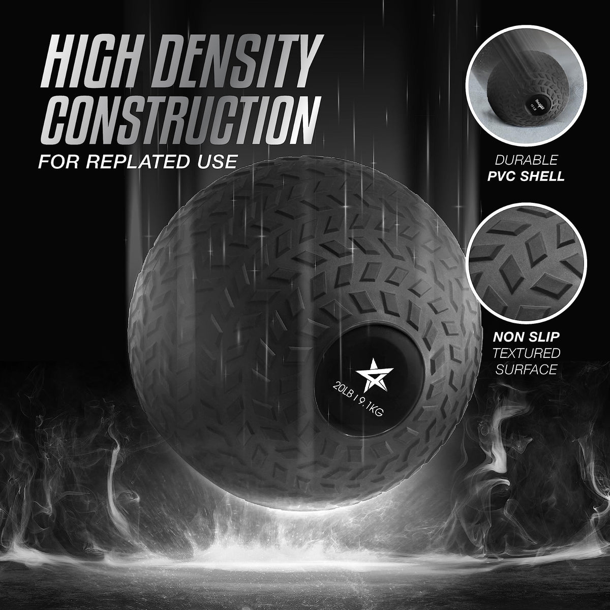Yes4All Slam Balls, 10-40lb Weighted Ball Weight, Durable PVC Sand Filled Workout Dynamic Slam Ball for Strength Training, Tread, Black, 20lbs