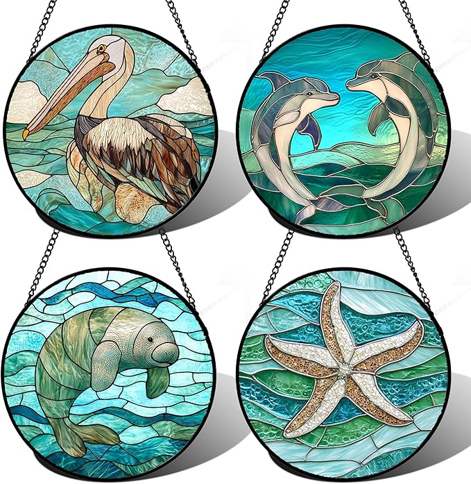Stained Glass Window Hanging 4 Pcs Set Cyan Ocean Life Theme 9.8" - Sea Starfish Suncatcher Door Garden Sun Catcher Decor Birthday for Mom Woman Nana Men Friend