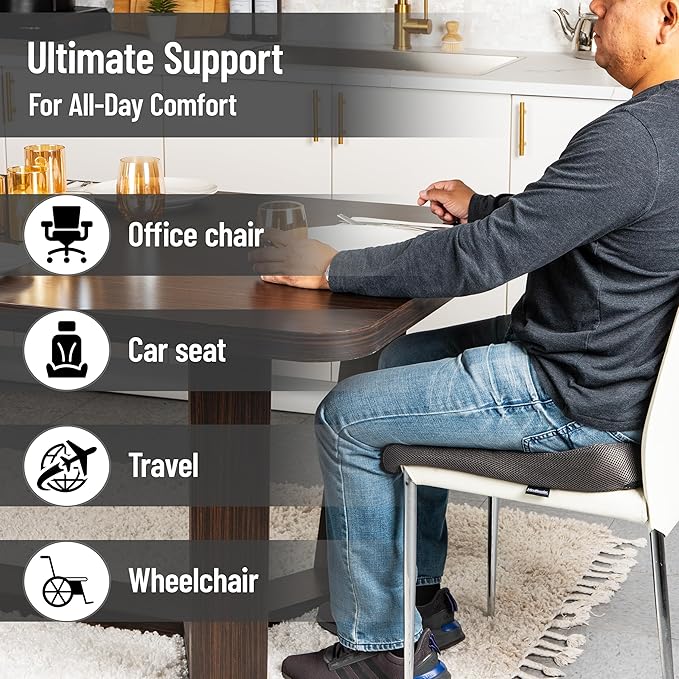 Mind Reader Air-Cloud Seat Cushion, Ergonomic Support for Posture, Pressure Relief, and Pain Reduction, Portable with Washable Cover, Memory Foam, Gray