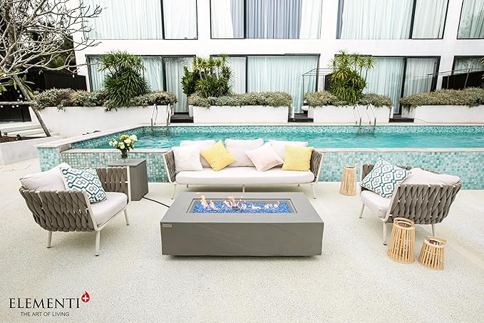 Elementi+ | Meteora Gas Fire Pit Cast Concrete 56" Rectangular Fire Table, Outdoor Fire Pit Electronic Ignition | Canvas Cover, Fire Glass and Burner Lid Included | Light Gray | Propane Gas