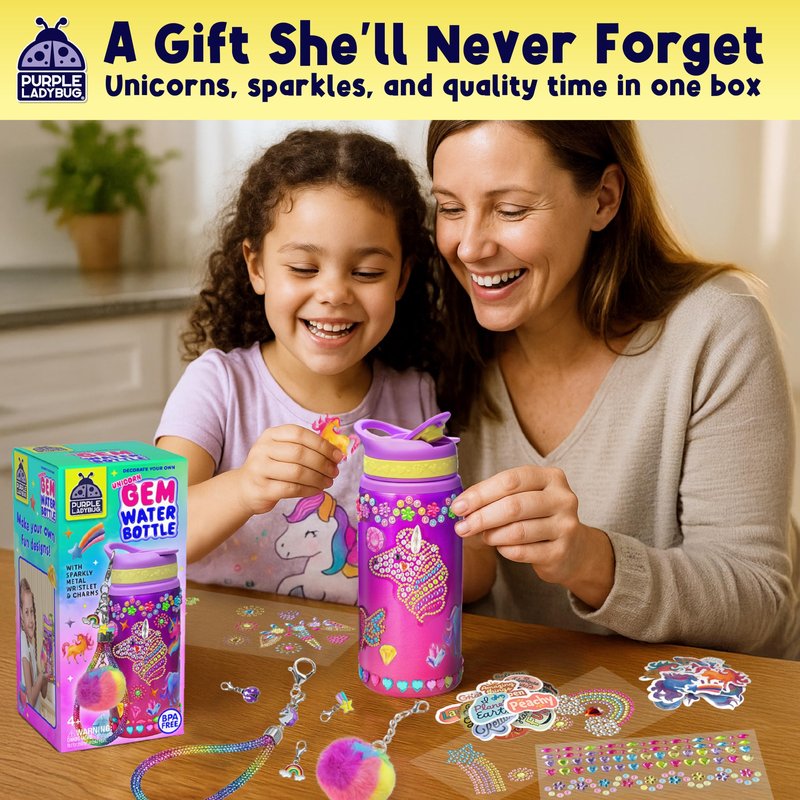 PURPLE LADYBUG Decorate Your Own Water Bottle Kit for Girls - Gift for Girls Ages 5 6 7 8 9 10 Year Old Girl Birthday Gift, Unicorn Toys Crafts Kids Ages 6-12 Summer Crafts for Kids
