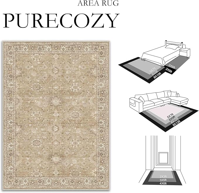 6x9 Brown Area Rug Non Slip Vintage Living Room Distressed Machine Washable Carpet Retro Indoor Bedroom Traditional Floral Accent Throw Rug for Office Kitchen Dorm Dining Room