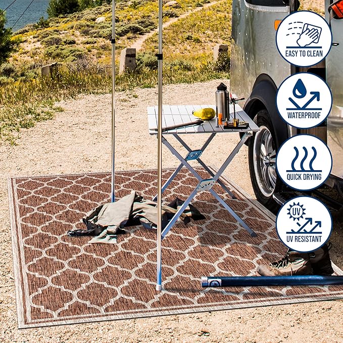 Eyely BMS109B-3SQ Santa Monica Trebol Moroccan Trellis Textured Weave, Pet Friendly, Non-Shedding, Stain Resistant, Easy-Cleaning, Espresso/Taupe, 3' Square, Indoor/Outdoor, Area Rug