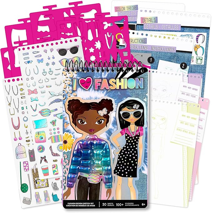 Fashion Angels Fashion Design Sketch Set - Compact Portfolio Sketchbook for Girls, Fashion Coloring Book for Kids Ages 6+, Includes Stencils & 100+ Stickers