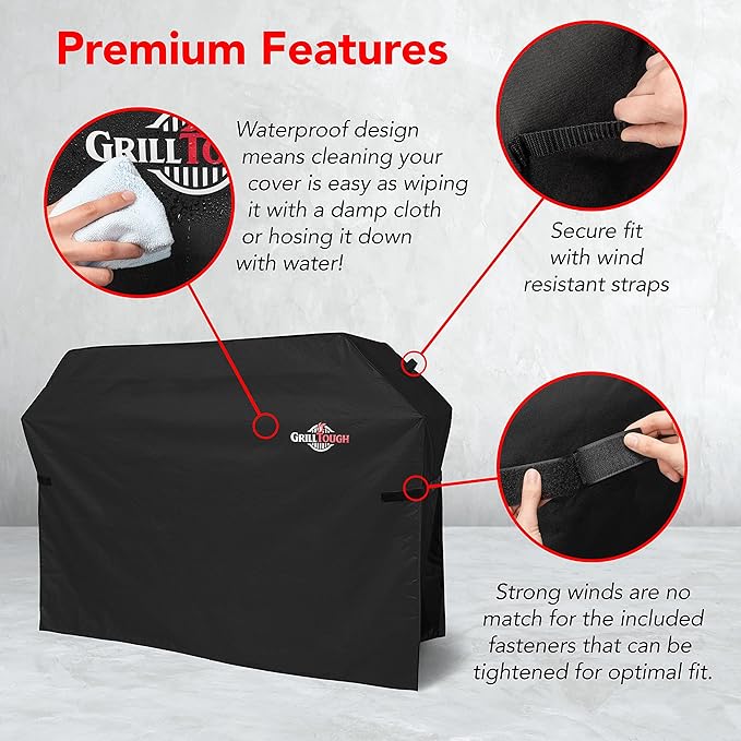 GrillTough Heavy Duty BBQ Grill Cover for Outdoor Grill, 52 Inch – Waterproof, Weather Resistant, UV & Fade Resistant with Adjustable Straps – Gas Grill Cover for Weber, Genesis, Charbroil, etc. Black