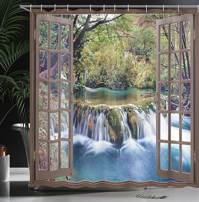 Ambesonne Waterfall Shower Curtain, Wide Waterfall Deep Down in The Forest Seen from a City Window Epic Surreal Print, Cloth Fabric Bathroom Decor Set with Hooks, 69" W x 75" L, Forest Green