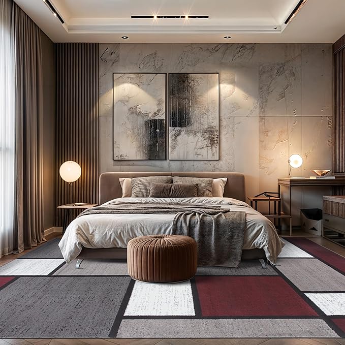 Rugshop Modern Geometric Boxes Red Area Rug, Fade-Resistant Carpet for Living Room, Bedroom, or Family Room, 7'10" x 10'2"