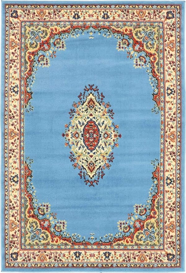 Unique Loom Reza Collection Traditional Persian Style Area Rug, 4 x 6 ft, Light Blue/Ivory