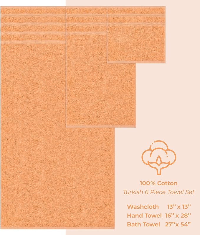 American Soft Linen Luxury 6 Piece Towel Set, 2 Bath Towels 2 Hand Towel 2 Washcloths, 600 GSM 100% Cotton Turkish Towels for Bathroom, Malibu Peach Towel Sets