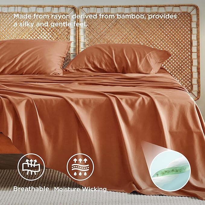 Bedsure Queen Sheet Set, Rayon Derived from Bamboo, Cooling Sheets, Breathable & Soft, Deep Pocket Up to 16 Inches, Hotel Luxury Silky Bedding for Hot Sleepers, Burnt Orange