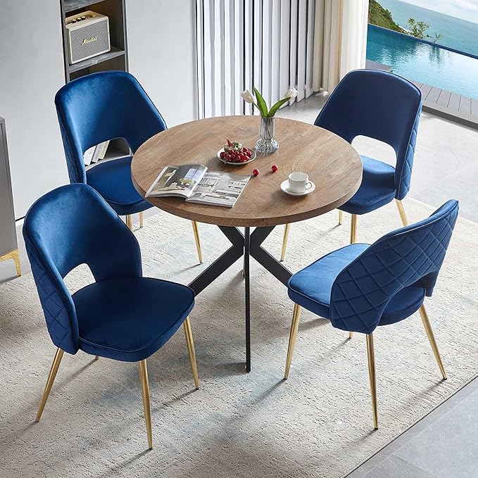 NORDICANA 5-Piece Dining Table Set for 4 - Space Saving 37-Inch Round Table and Chairs, 4 Seaters Dining Set with Upholstered Dining Chairs (Navy Blue)