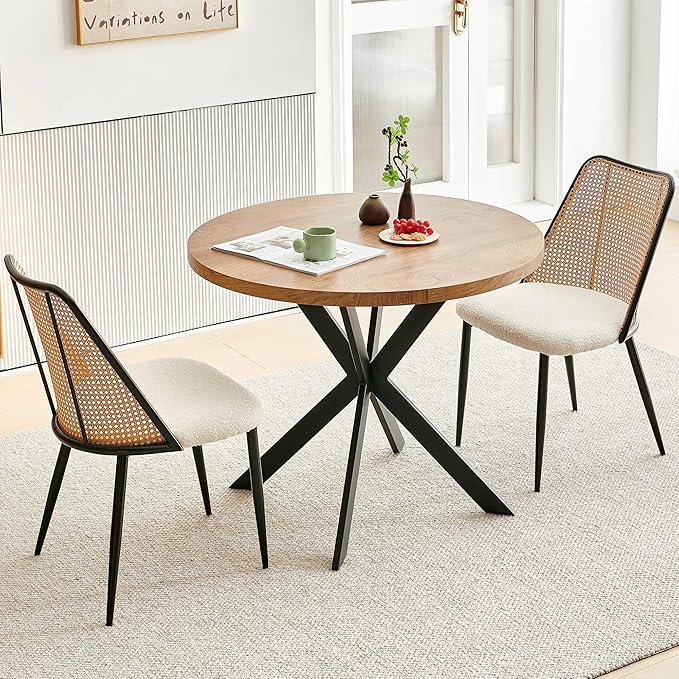 NORDICANA 3-Piece Wooden Dining Set, Space-Saving Round Table & Chair Set for Kitchen, Breakfast Nook, Rattan Wicker Dining Chairs with Boucle Seats - Beige