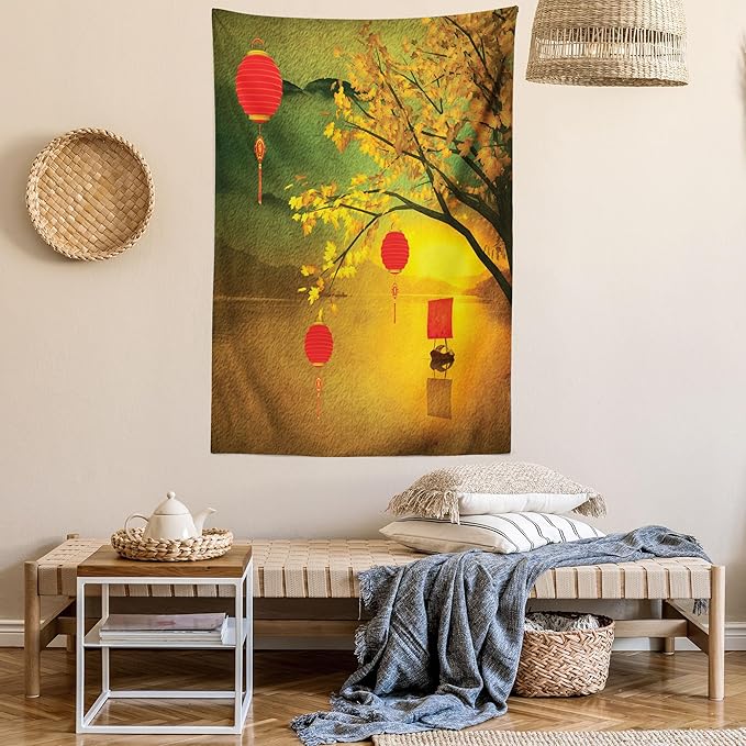 Ambesonne Oriental Tapestry Twin Size, Traditional Chinese Folk Hanging from Pale Fall Trees Lake Faded Nature Photo, Wall Hanging Bedspread Bed Cover Wall Decor, 68" X 88", Yellow Green