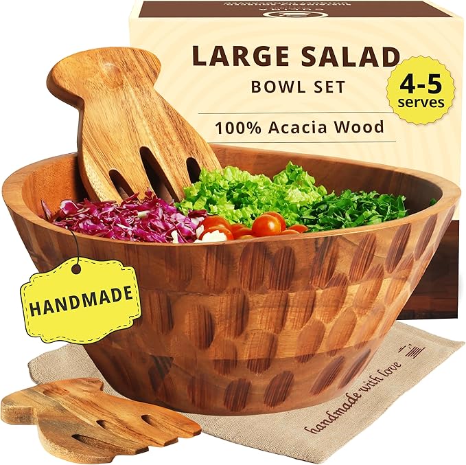 Wooden Salad Bowl set - with Serving Utensils — 11" Large Acacia Wood Bowls For Food, Fruit | Mixing Pasta — Easy To Clean — For Hosting, Kitchen Decor, Gifts — With Placemat