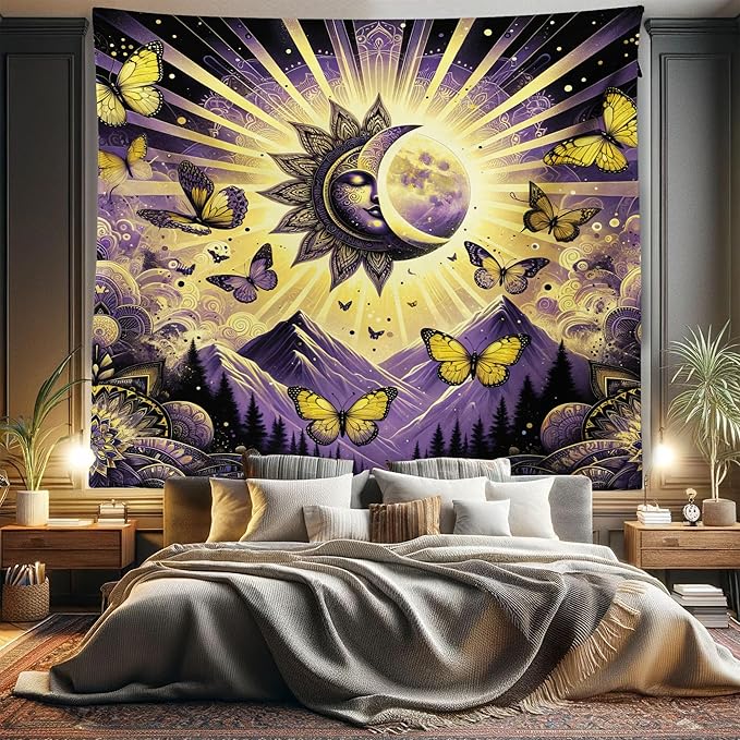 Ambesonne Boho Tapestry King Size, Sun and Moon Art Concept Esoteric Mountain Scene with Dancing Butterfly, Wall Hanging Bedspread Bed Cover Wall Decor, 104" X 88", Violet Mustard Dark Grey