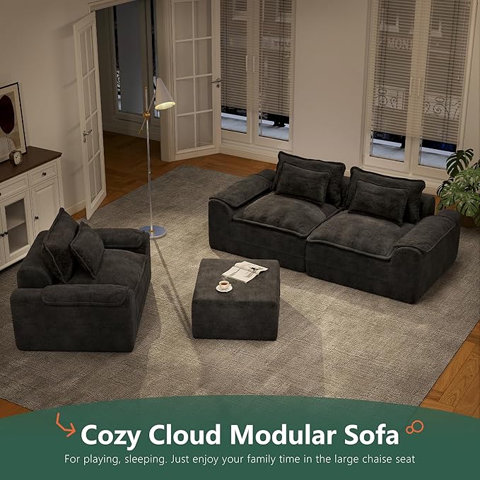 Hobestluk Rectangular Cloud Memory Foam Ottoman for Couch Comfy Couch Footrest with Removable Cover Ideal for Living Room Bedroom or Office as Extra Seating or Coffee Table (Dark Grey, Ottoman)