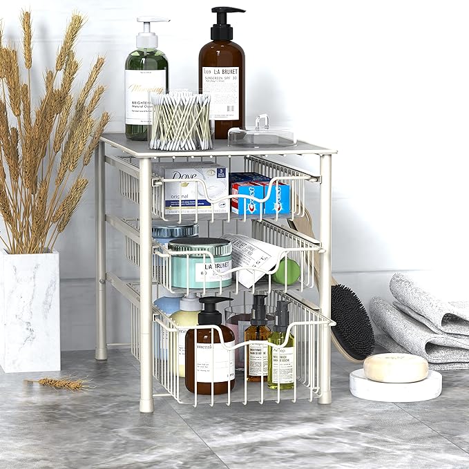 Simple Houseware 3-Tier Stackable Sliding Basket Storage Organizer Drawer for Bathroom and Kitchen, White