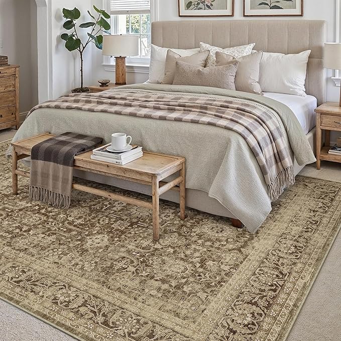 Brown 5x7 Area Rug Non Slip Vintage Living Room Distressed Machine Washable Carpet Retro Indoor Bedroom Floral Traditional Accent Throw Rug for Office Kitchen Dorm Dining Room