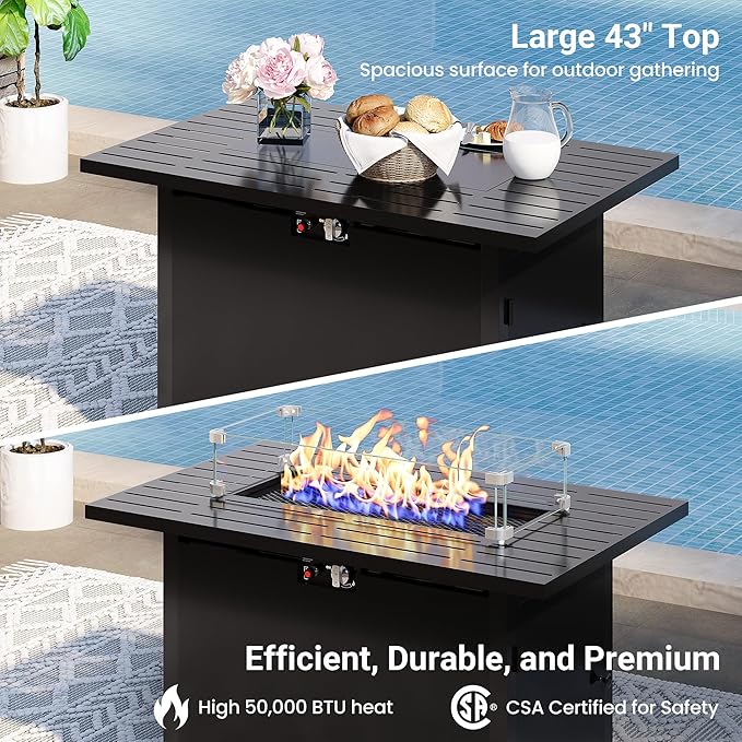 8 Pieces Outdoor Patio Furniture Set with 43" Fire Pit Table, Wicker Outdoor Patio Sectional Sofas with Coffee Table and Cushions, All-Weather Patio Conversation Set for Backyard Garden, Beige
