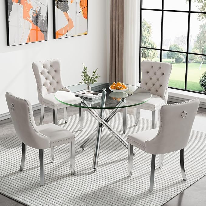 36" Round Glass Dining Room Table for 4 with Tempered Glass Top and Silver Chrome Metal Tube Legs, Modern Clear Kitchen and Dinner Table for Home Office Dining Room