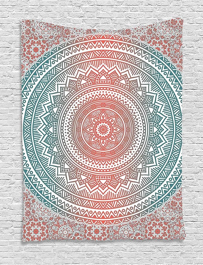 Ambesonne Teal and Coral Tapestry, Ombre Mandala Art Antique Gypsy Folk Pattern Cosmos Image, Wall Hanging for Bedroom Living Room Dorm Decor, 60" X 80", Teal Coral
