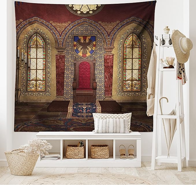 Ambesonne Gothic Tapestry, Red Medieval in Chapel Eagle Portrait on Wall Fantasy Building Print, Fabric Wall Hanging Decor for Bedroom Living Room Dorm, 45" X 30", Brown Ruby