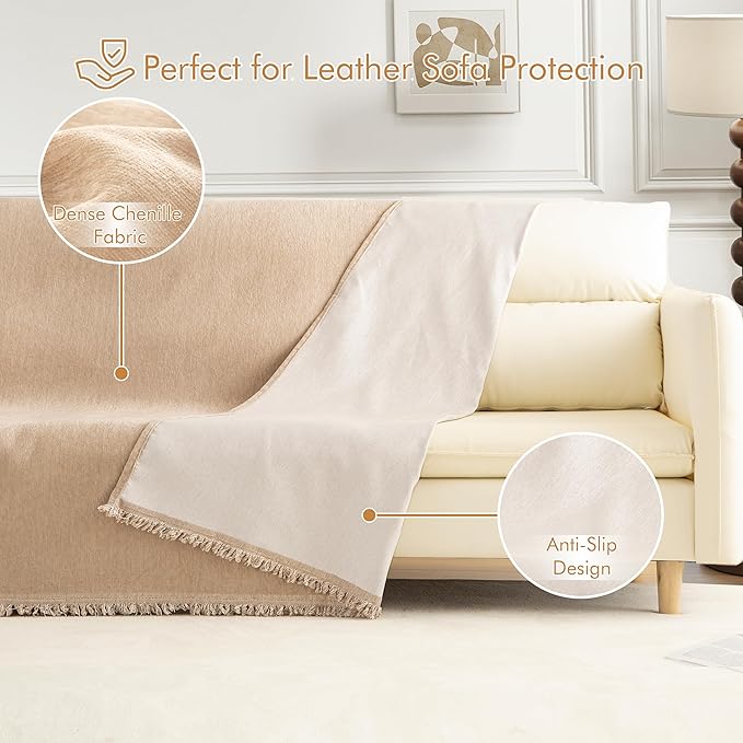 Couch Cover for 2 Cushion Couch Sofa Pet Friendly, Chenille Sectional L Shaped Sofa Cover Washable for Dogs Cats Kids, Leather Furniture Protector Slipcover Decor for Living Room, 71"x102"