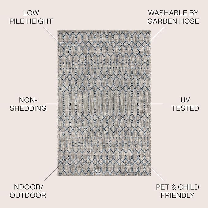 JONATHAN Y Moroccan Geometric Indoor Outdoor Area Rug 5X8 Light Gray/Navy, Ourika Textured Weave for Backyard, Patio, Porch, Easy-Cleaning, High Traffic, Pet-Friendly, Non-Shedding (SMB108A-5)
